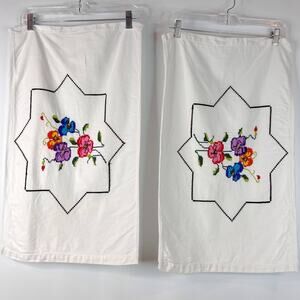 Cross Stitch Floral Pillow Case Set of 2 Linen Blend Open on Both Sides White